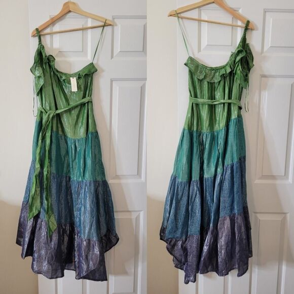 Anthropologie Maeve Metallic Ruffled One-Shoulder Color Block Belted Midi Dress - Picture 3 of 10